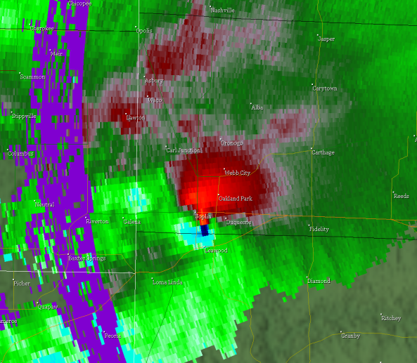 Storm-relative velocity from the same time reveals an extremely intense velocity couplet.