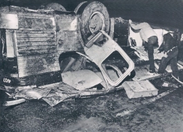 The bus which was thrown from the Toledo Expressway, killing five occupants.