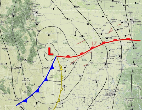 Reconstructed weather map for 22z (4:00 p.m.) on April 9. Note the winds backing near and north of the warm front. Tornado tracks are shown in red. A star marks the approximate initiation point of the Woodward supercell along the dryline.