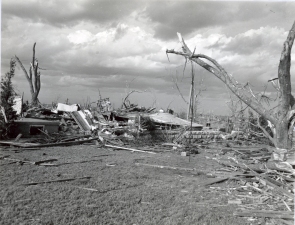 A home destroyed on the right edge of the tornado's path.