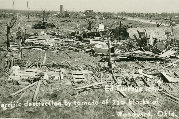 Intense damage viewed from the approximate location of the Hutchinson home and looking east. Note the completely debarked and denuded trees.