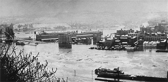 Parts of Pittsburgh's "Golden Triangle" were inundated by up to 15 feet of water.